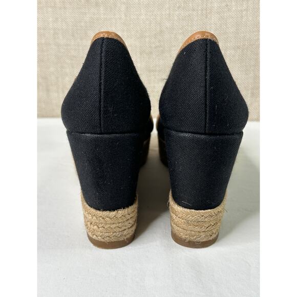 Tory Burch Majorca Wedge Sandal Peep Toe Black Canvas Espadrille Size 9 - Picture 11 of 13